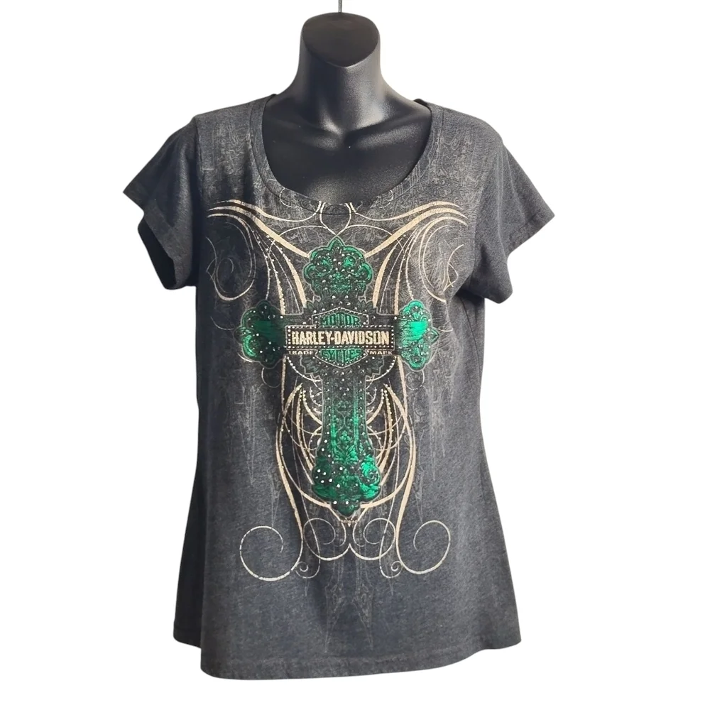 Harley-Davidson Women's Gray V-Neck Embellished Cross Shortsleeve T-shirt Sz L